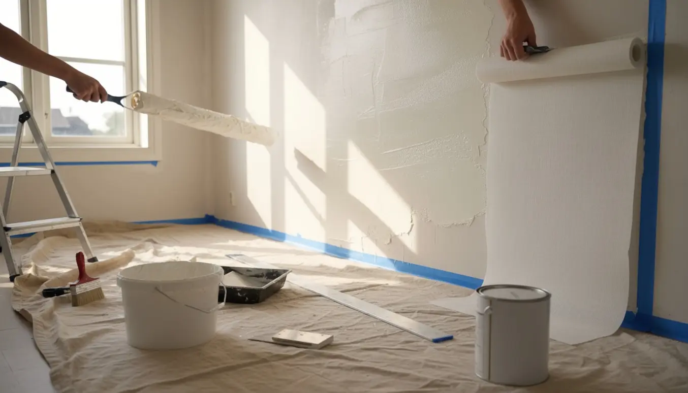 Nærbillede af påsætning af filt på en forberedt væg med rulle, lim og værktøj.