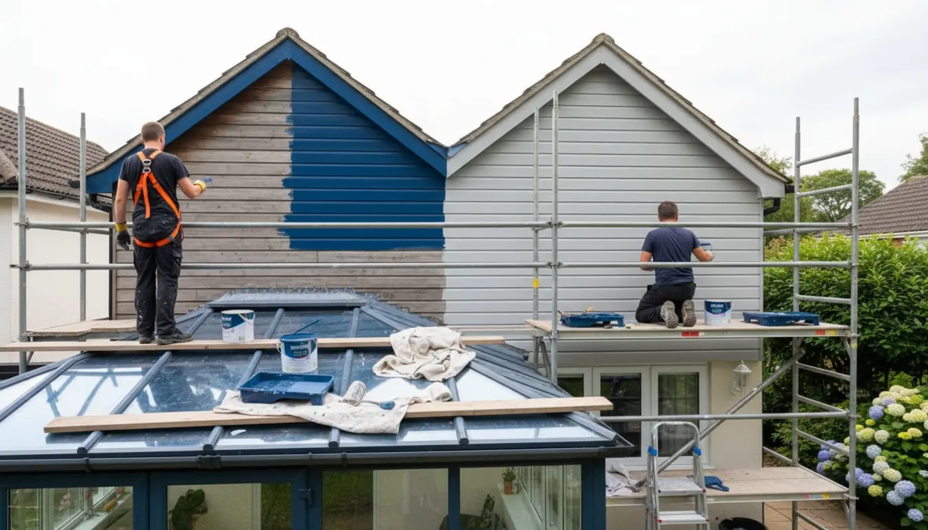 To små gavle under maling med stillads og plader over udestue, malere arbejder uden synlige ansigter.