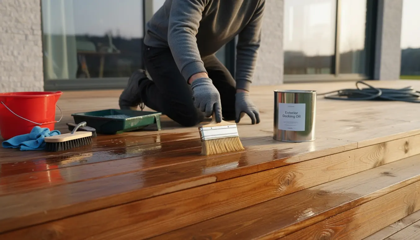 Hænder olierer og rengør træterrasse, rampe og trappetrin med pensel og rengøringsudstyr.