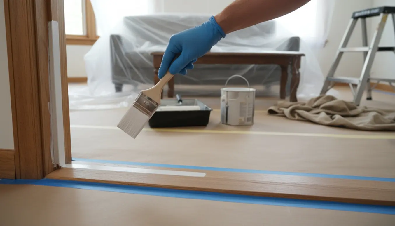 Hænder maler dørkarme og vindueskarme i en lejlighed med gulvet omhyggeligt afdækket.