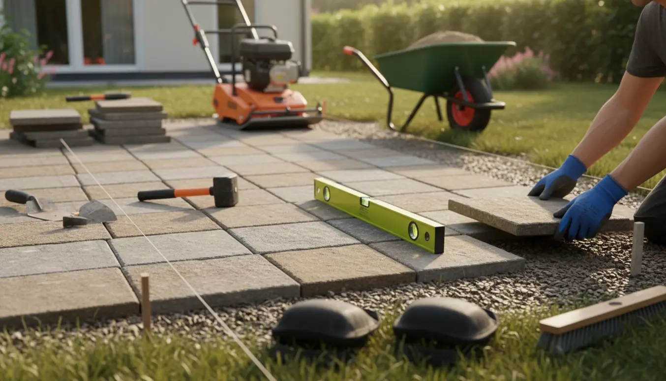 Hænder lægger fliser på en lille terrasse med værktøj og materialer i baggrunden.