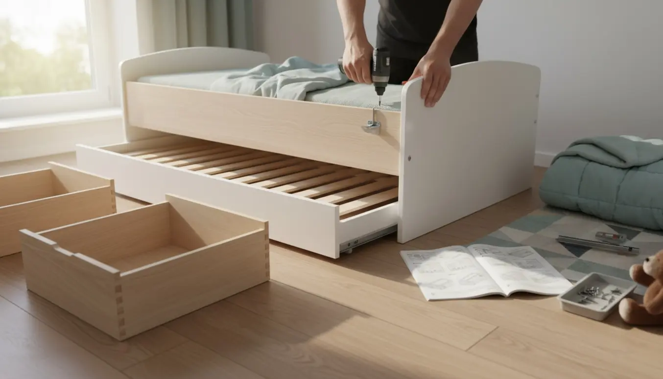 Nærbillede af hænder, der samler en skandinavisk juniorseng med udtræksgæsteseng og skuffer i et lyst børneværelse.