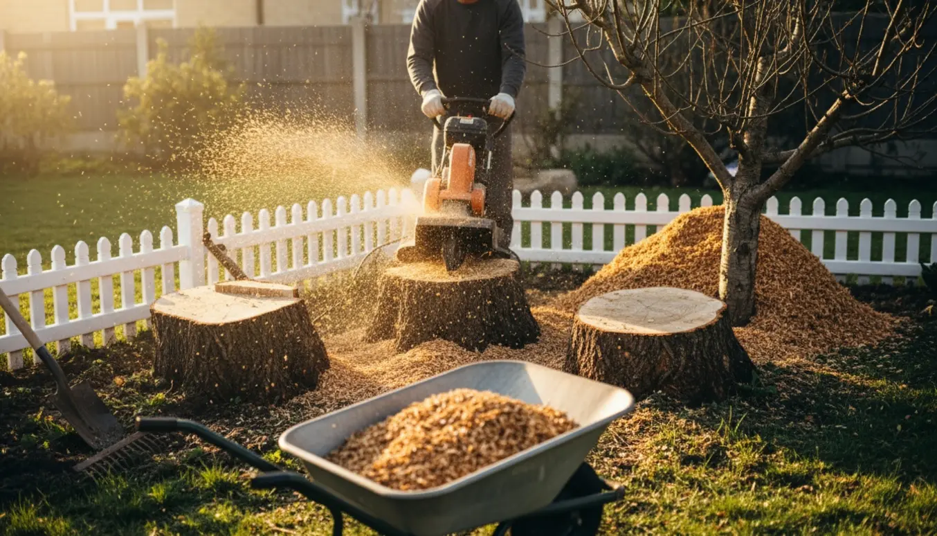 Stubbefræser i gang med at fræse tre stubbe i en have, med træflis samlet omkring.