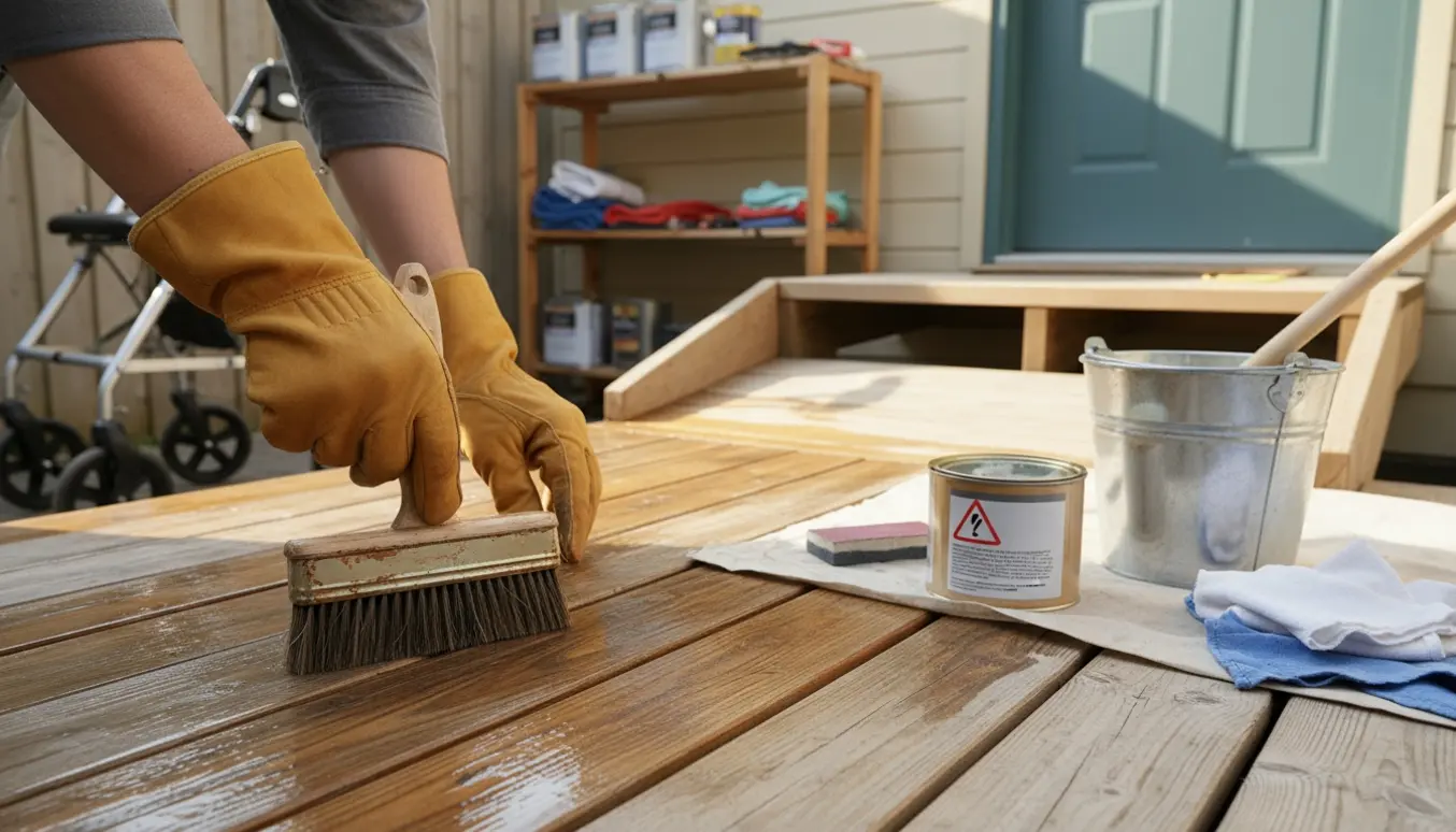 Hænder i handsker olierer og renser en træterrasse ved hoveddøren med olie, børste og redskaber i baggrunden.