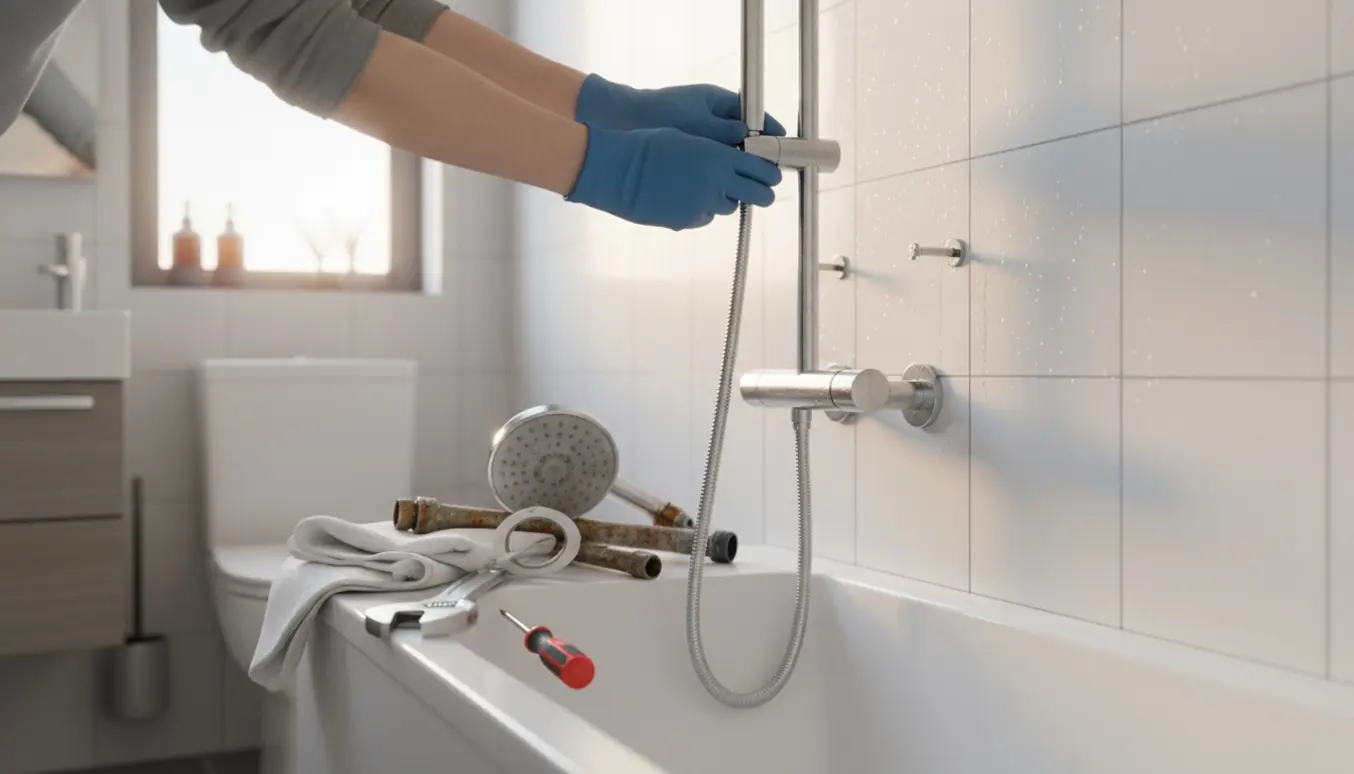 Hænder i arbejdshandsker monterer et nyt krom brusesæt på flisevæggen med det gamle brusehoved på badekarrets kant.