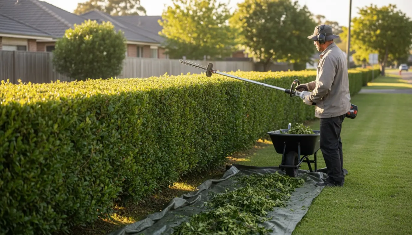 En lang hæk på cirka 20 meter bliver klippet til 170 cm højde med en stanghækkeklipper, mens afklip samles i en trillebør.