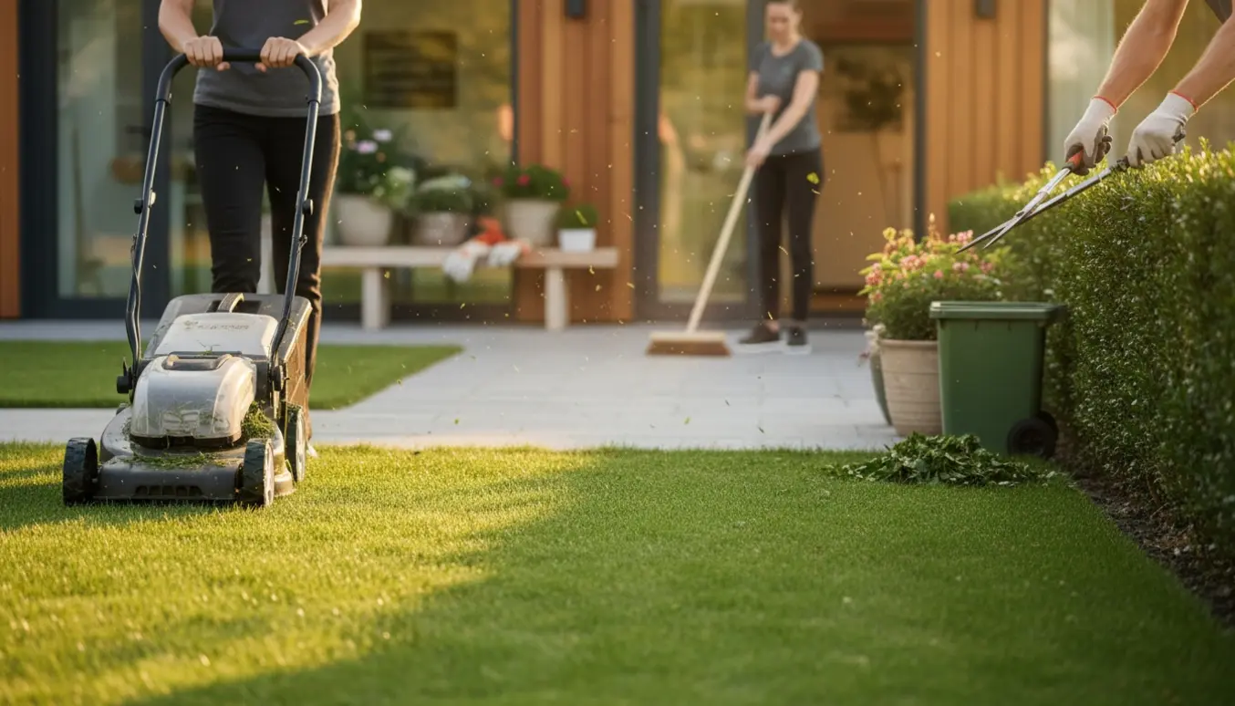 Udendørsområde ved en fysioterapiklinik med græsslåning, hækklipning og fejning uden synlige ansigter.