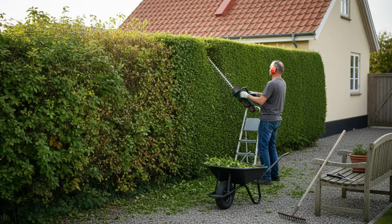 En person trimmer en hæk ved en udlejningsejendom med nyligt klippet top og sideskår.