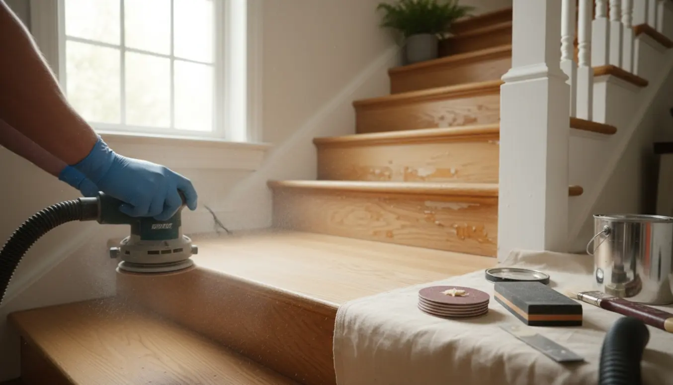 Nærbillede af en hånd, der sliber en trappe med en elektrisk slibemaskine, hvor slebet træ står i kontrast til den lakerede overflade.
