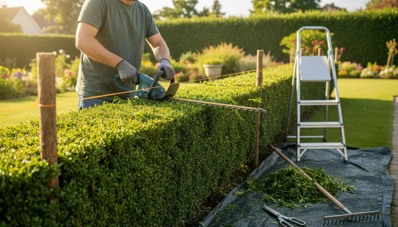Hæk bliver klippet til en ensartet højde med en opstrammet snor som mållinje.