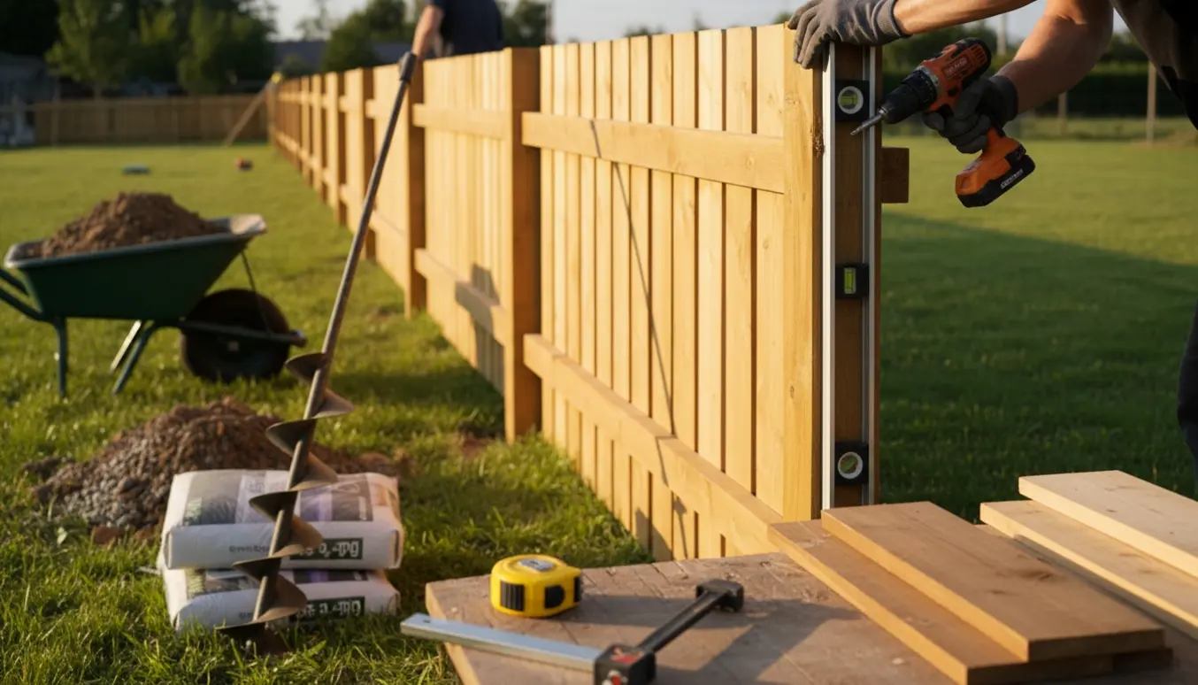 Montering af nyt plankeværk i en baghave med stolper, træplanker og værktøj.