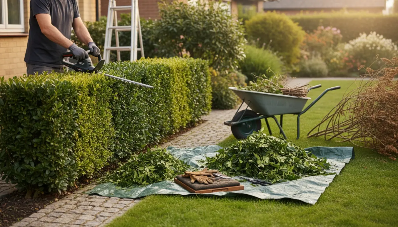 Gartner trimmer den ene side af en hæk og beskærer store planter med værktøj og opsamlede afklip.