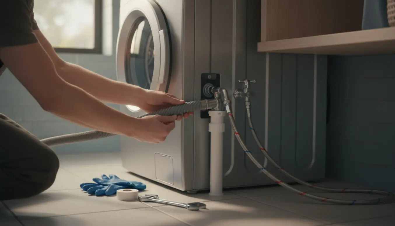 Hænder tilslutter vand- og afløbsslanger til en vaskemaskine i et lyst bryggers.