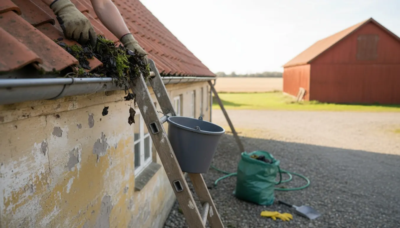 Handskerede hænder fjerner blade og skidt fra tagrenden på et gammelt stuehus.