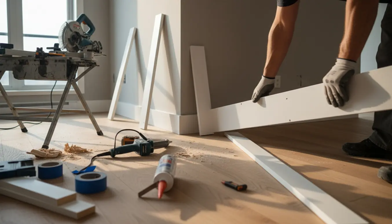 Montering af hvide fodpaneler i en lejlighed med rundsav, lim og elektrisk fugepistol på gulvet.