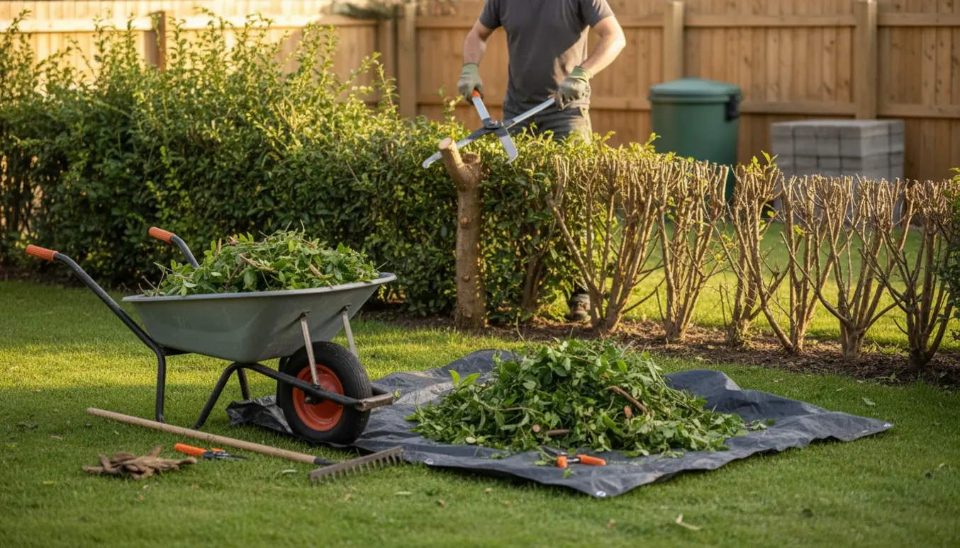 En baghave hvor en person bagfra rydder en ca. fem meter lang buskrække med grensaks og trillebør.