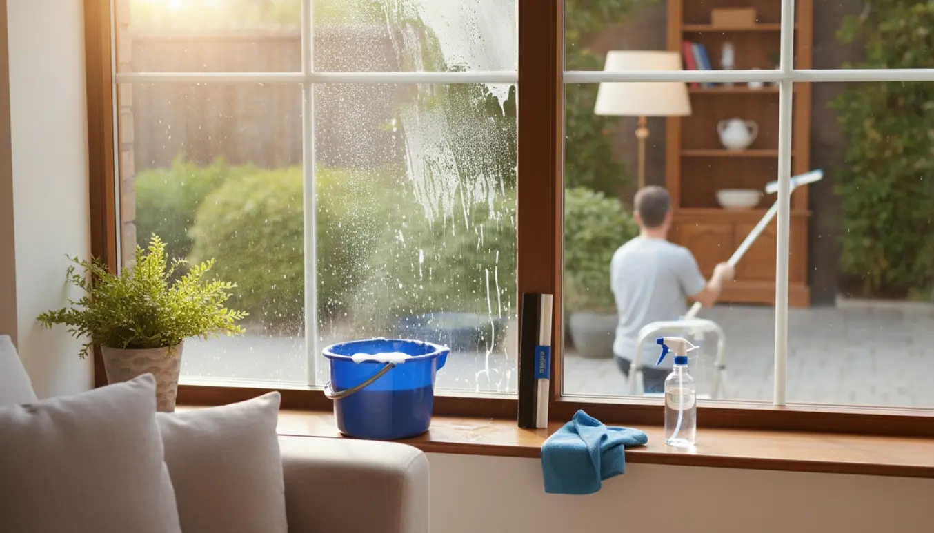 Indvendig og udvendig pudsning af stueplansvinduer med spand, klud og vinduesvasker set i naturligt dagslys.