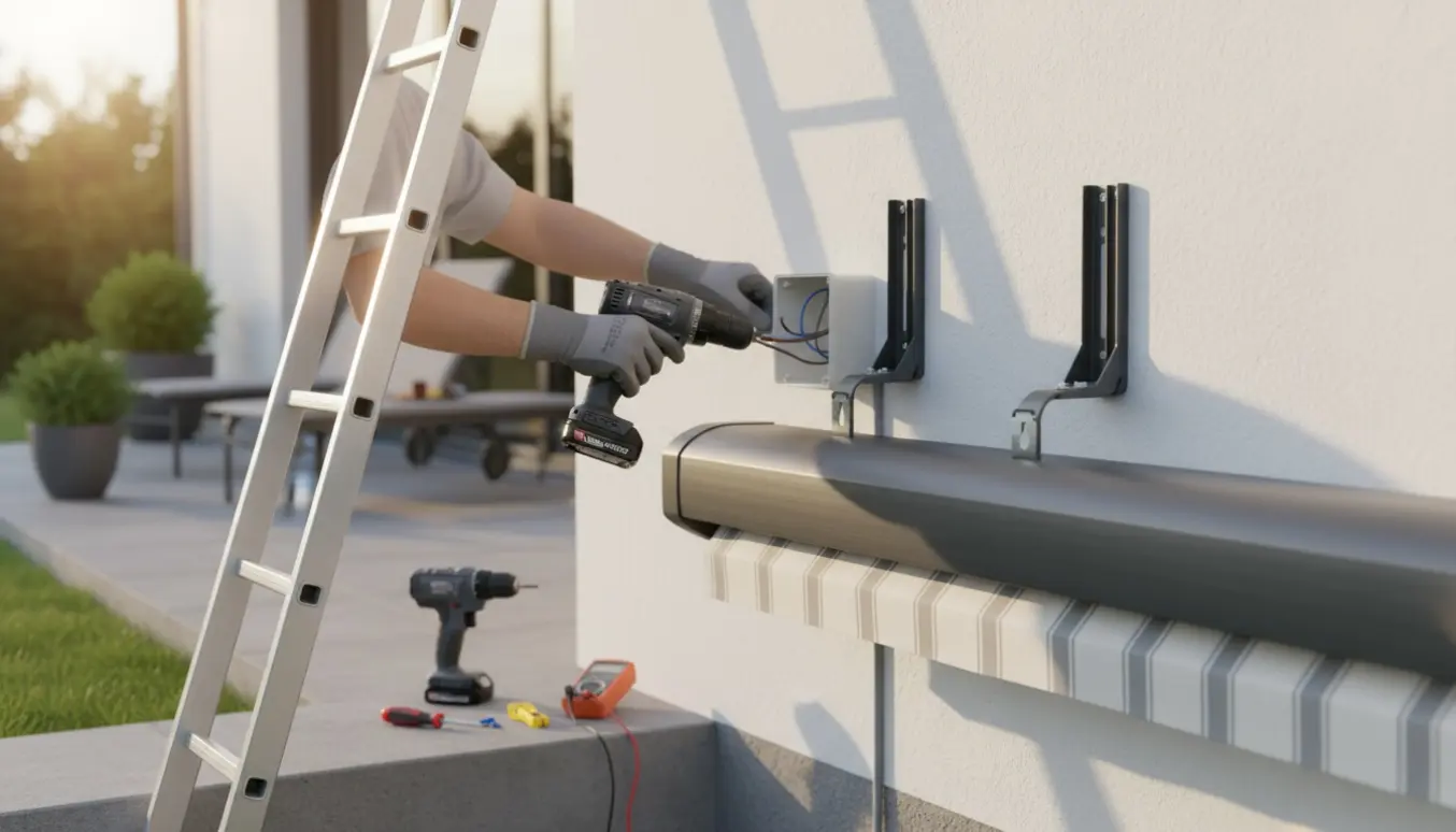 Elektriker monterer en EL-markise over en terrasse med værktøj og kabler synlige.