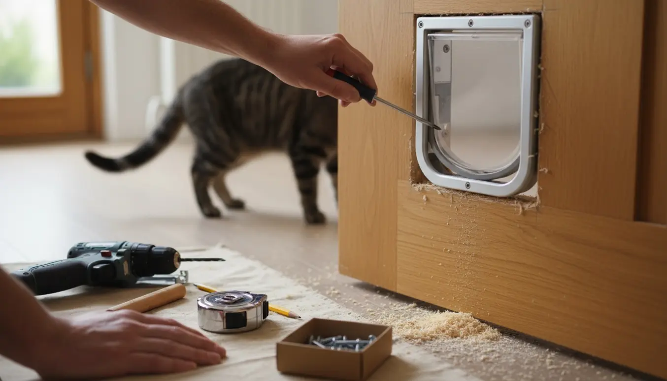 Nærbillede af installation af kattelem i en trædør med værktøj og en kat i baggrunden.