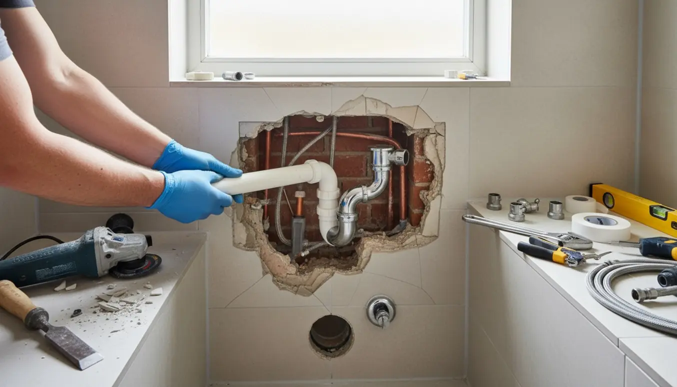 Ny afløb og håndvaskrør monteres i en udskåret badeværelsesvæg med værktøj og installationsdele.