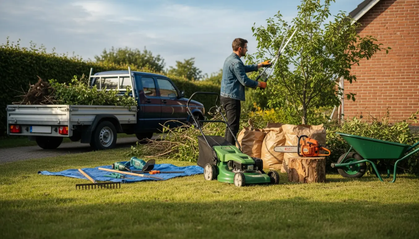 Havearbejde ved et rødt murstenshus med nyslået græs, beskårne træer og en trillebør fyldt med grønt affald.