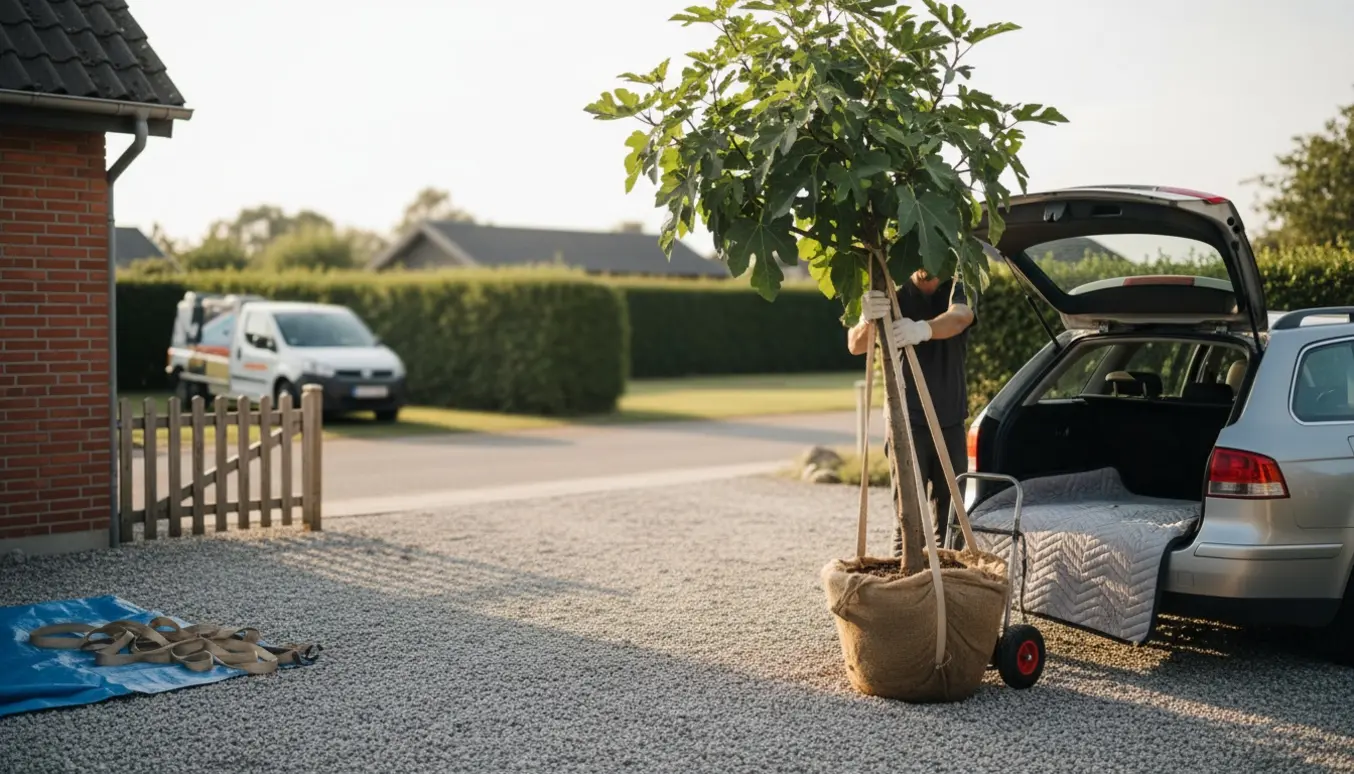 Et to meter højt figentræ i potte løftes ind i en stationcar på en villavej, uden tydelige ansigter.