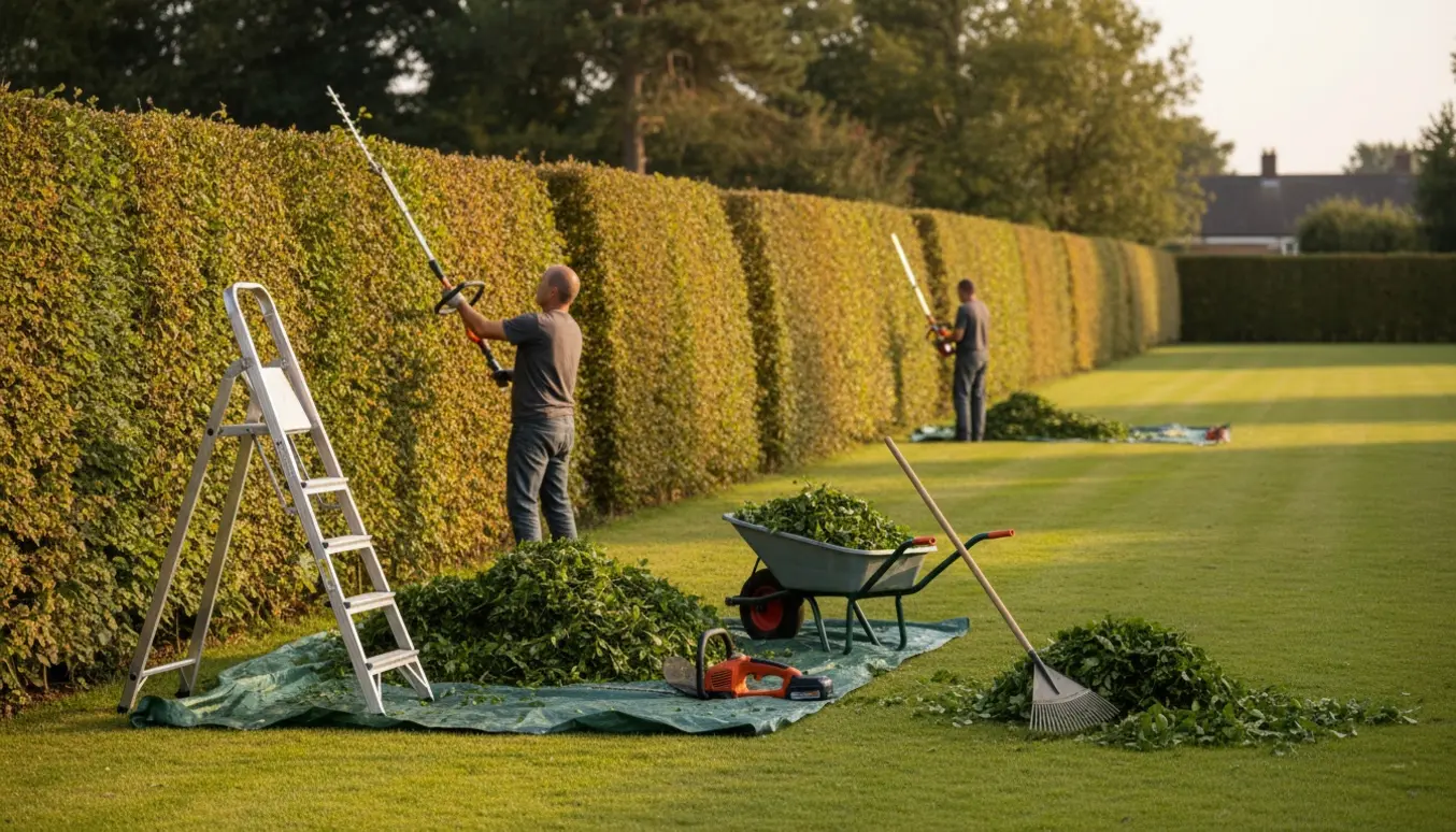 Lang bøgehæk på cirka 35 meter bliver beskåret og klippet, havemand set bagfra med trimmer og hækkesakse.