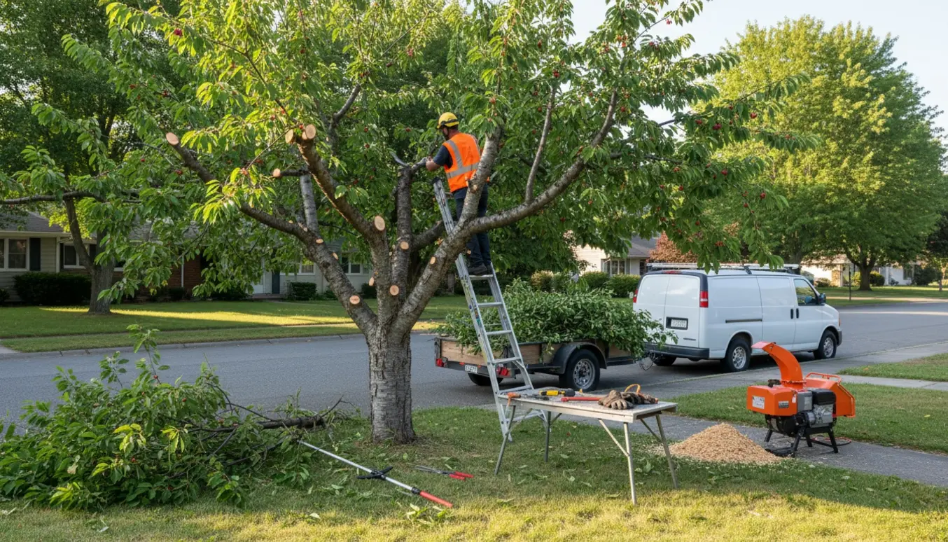 Kirsebærtræ beskæres til cirka halv størrelse, med afskårne grene læsset i en trailer ved vejen.