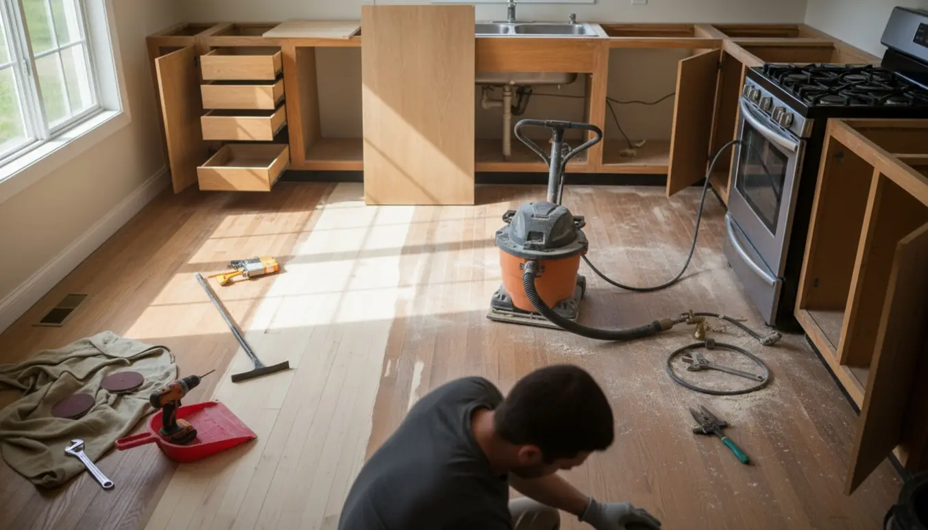 Køkken under renovering med delvist slebet gulv, afmonteret komfur og fjernet bordplade.