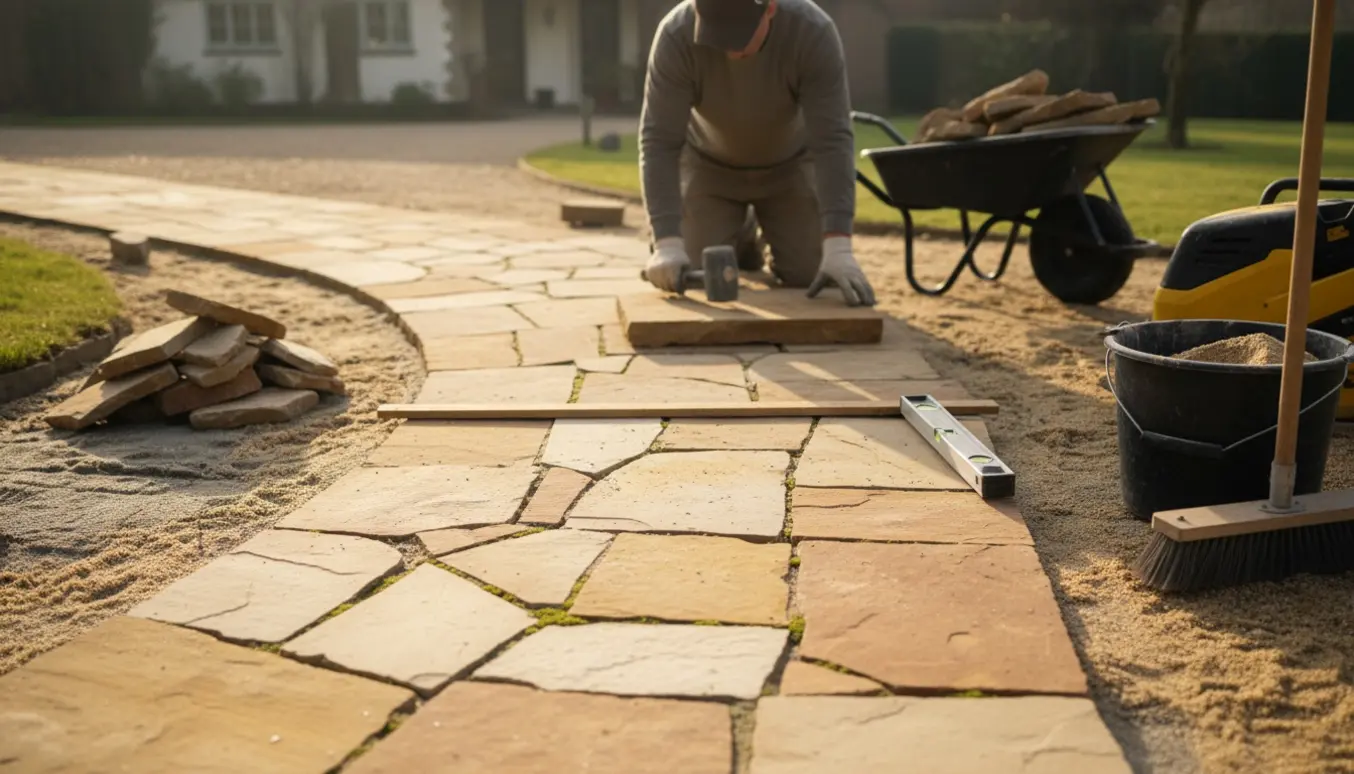 Genbrugte sandstensfliser lægges på en sti fra indkørsel til hovedtrappe med værktøj og en arbejder set bagfra.