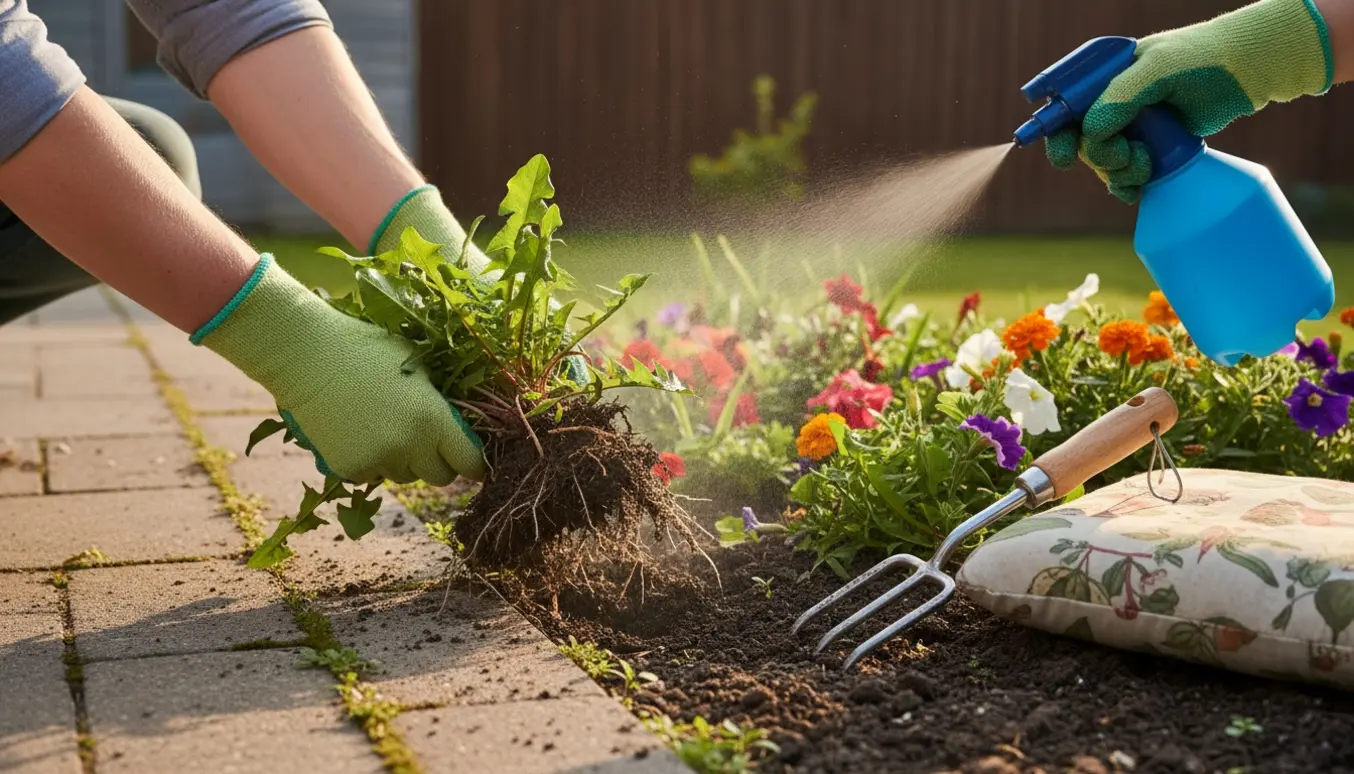 Handskerede hænder fjerner ukrudt ved en havekant med sprøjte og haveredskaber i solen.