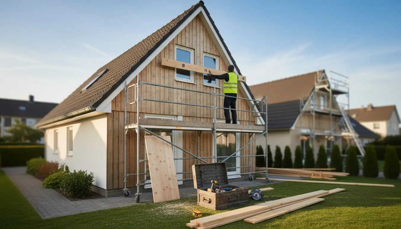 Udskiftning af trægavl på parcelhus med stillads, nye brædder og håndværkere uden synlige ansigter.