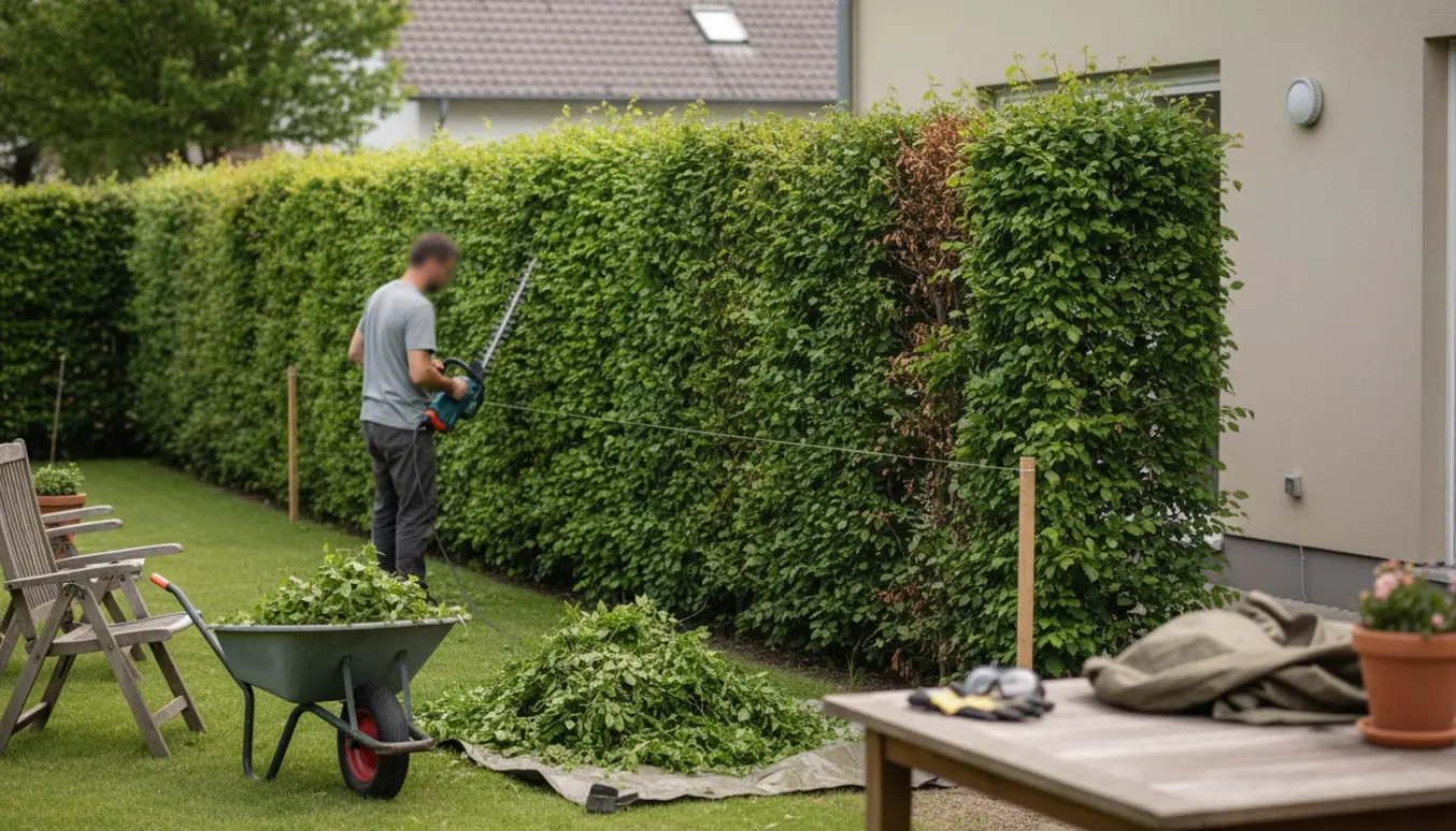 Lang bøgehæk bliver klippet med en elektrisk hækklipper, med en ren, lige top og en bunke friske afklip på græsset.