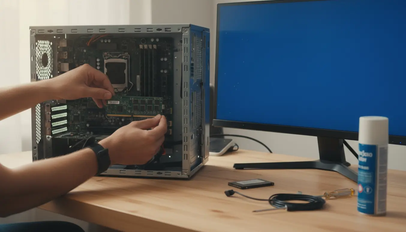 Åben PC på skrivebord, hænder holder en RAM-pind ved et tomt slot mens en skærm udsender blåt lys under fejlsøgning.