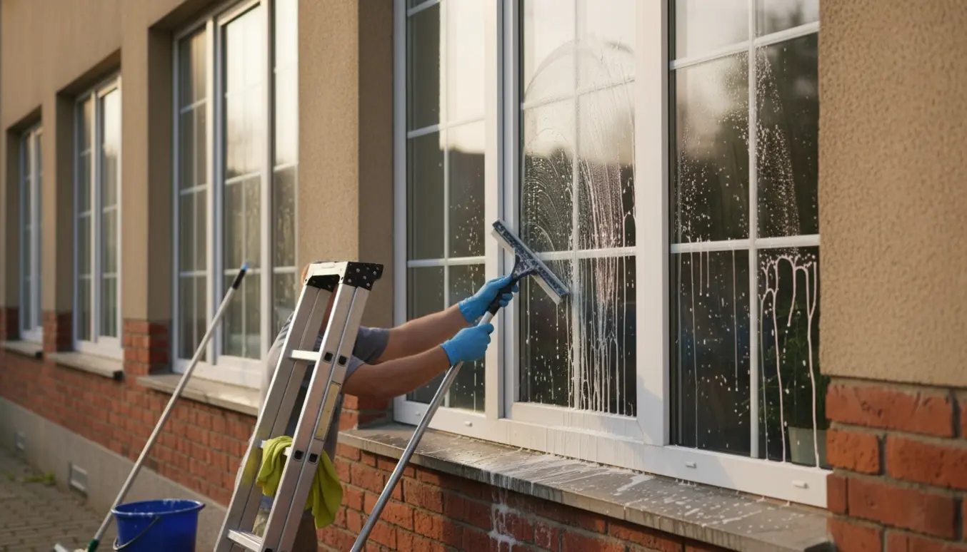 Udendørs vinduespudsning af seks-fags vinduer og altandør på første sal med gummiskraber og spand.
