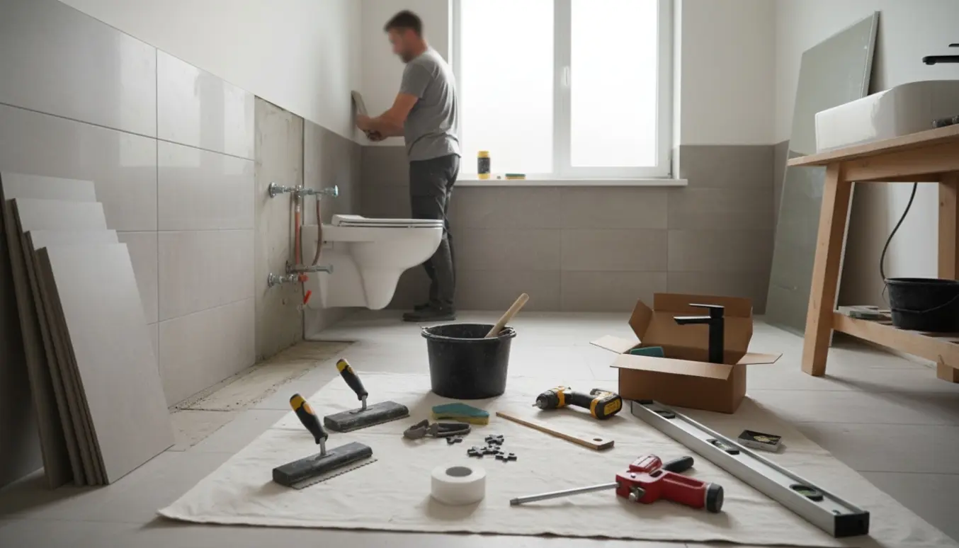 Badeværelse under total renovering med nyt toilet, vask, fliser og værktøj.