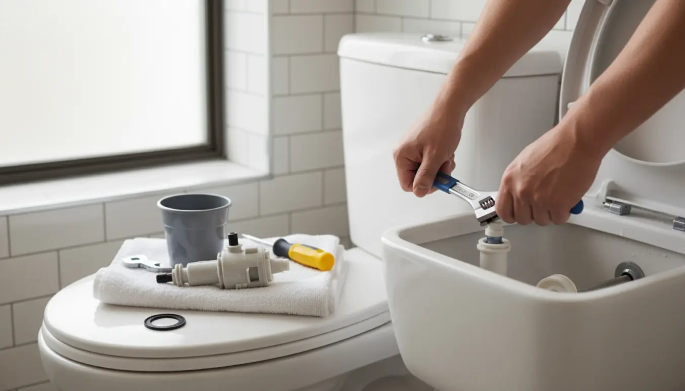 Hænder inspicerer og rengør en åben toiletcisterne med værktøj.