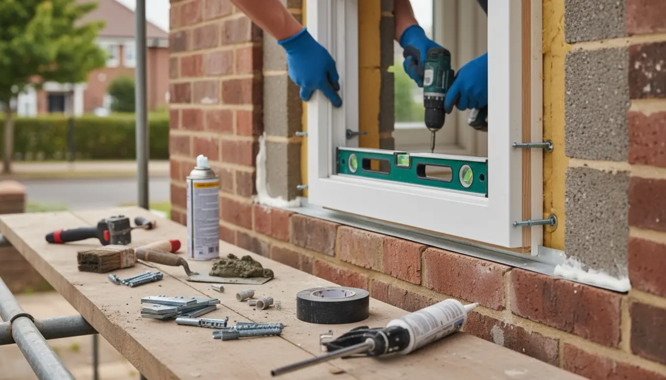 Hænder monterer et vinduesramme i en dobbelt murstensvæg med værktøj og synligt hulrum.