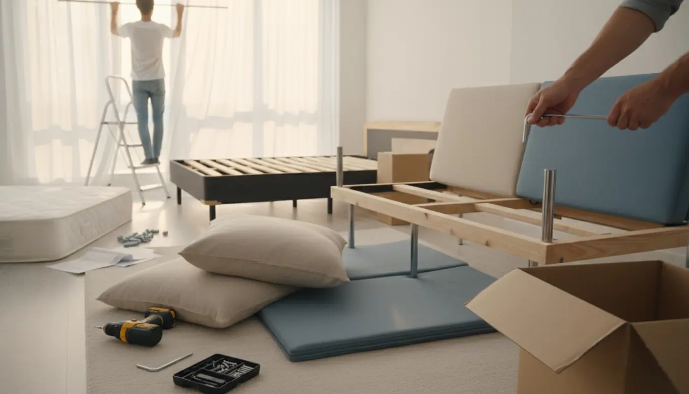 En lys lejlighed hvor en to-personers sofa og en dobbeltseng samles, mens gardiner hænges i vinduet.