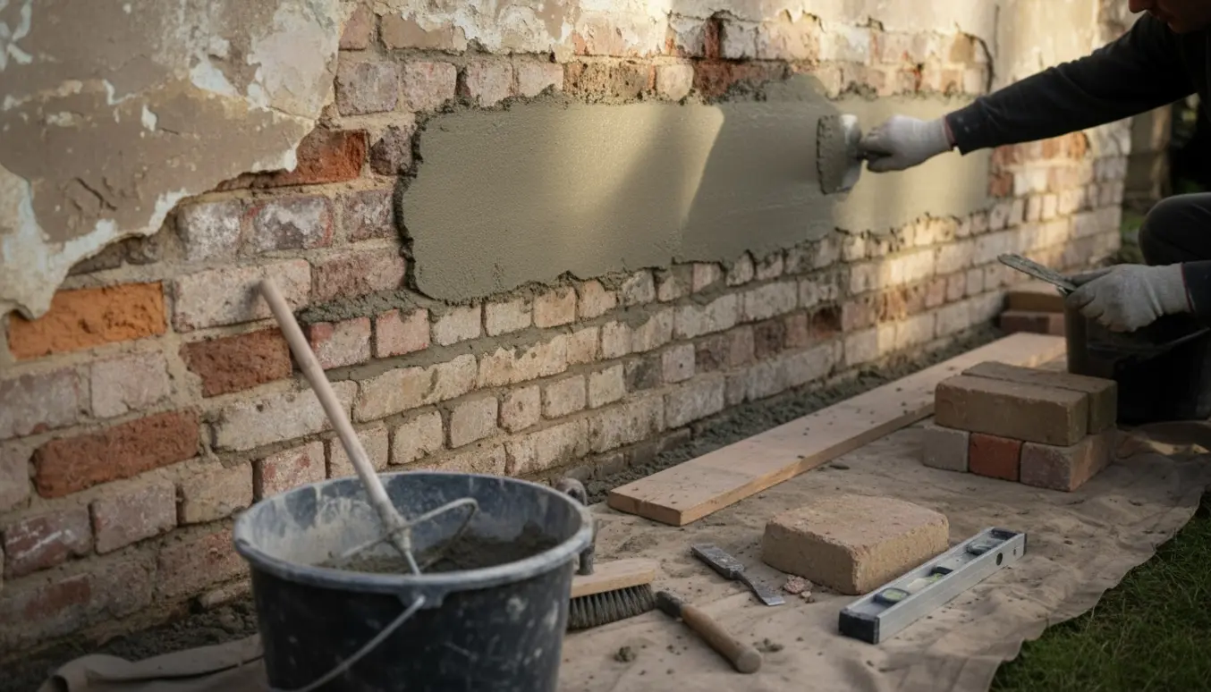 Nærbillede af murerhænder, der glatter frisk mørtel på udskiftede mursten ved soklen på et gammelt hus.