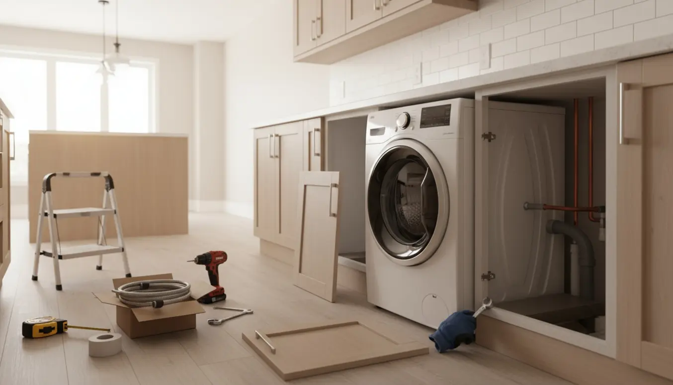 Et køkken hvor et skab er fjernet for at gøre plads til en vaskemaskine, med værktøj og afmonterede skabsdele ved siden af.