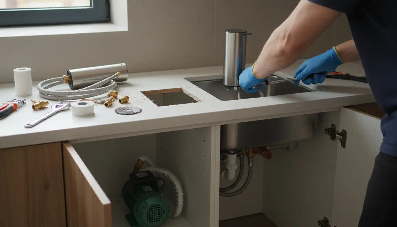 Tekøkken under installation med vaskudskæring, en ny koge- og koldtvandsenhed og håndværkerhænder, der tilslutter slanger til pumpen.