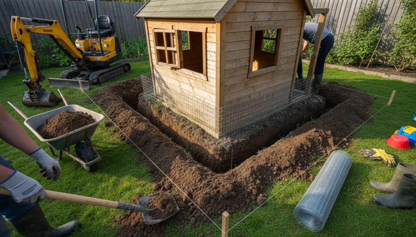 Gravearbejde rundt om et trælegehus med skovle, minigraver og rottesikringsnet klar til montering.