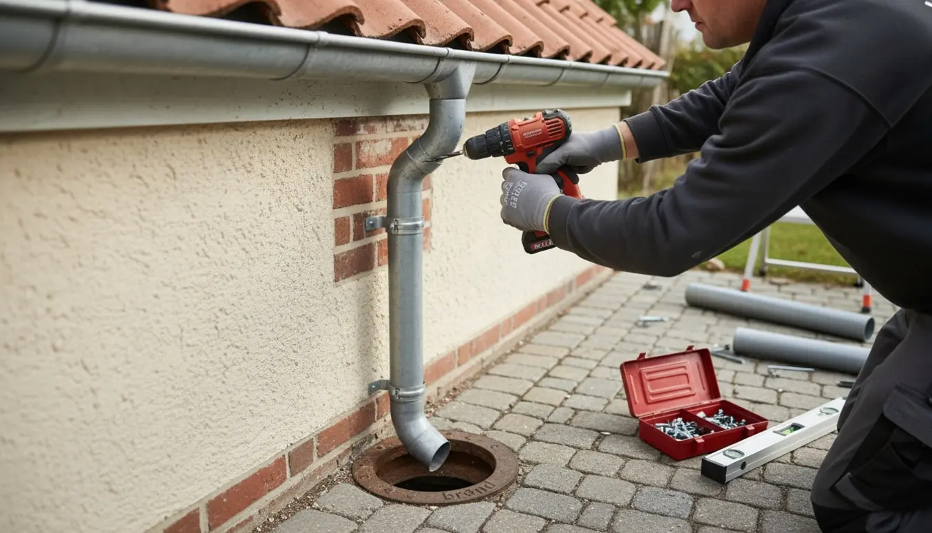 Gloveklædte hænder fastgør et nyt nedløbsrør til husmuren med beslag og boremaskine over en brønd.