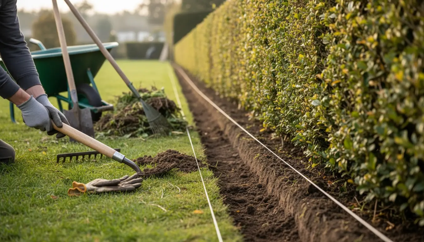 Nærbillede af hånd der bruger kantspade til at lave en pæn kant langs en lang hæk med fjernet ukrudt og haveredskaber i baggrunden.