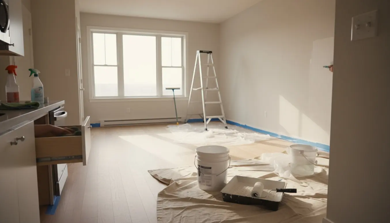 Soloplyst ny lejlighed med malergrej, afdækning og rengjorte køkkenskabe klar til maling.