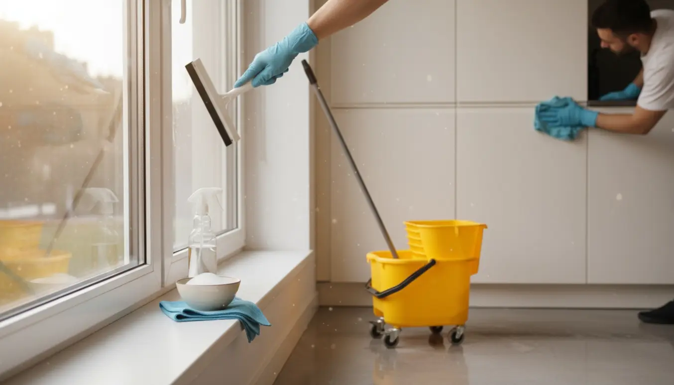 Hænder pudser køkkenvindue, skabslåger aftørres og gulvet er nymoppet.