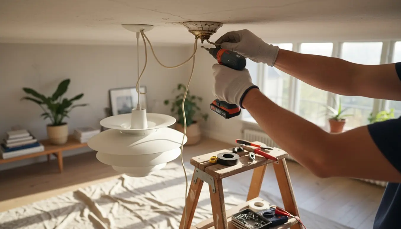 Opsætning af en PH pendel i et gammelt loftsstik, hvor hænder forbinder ledninger ved en porcelænsloftrose.