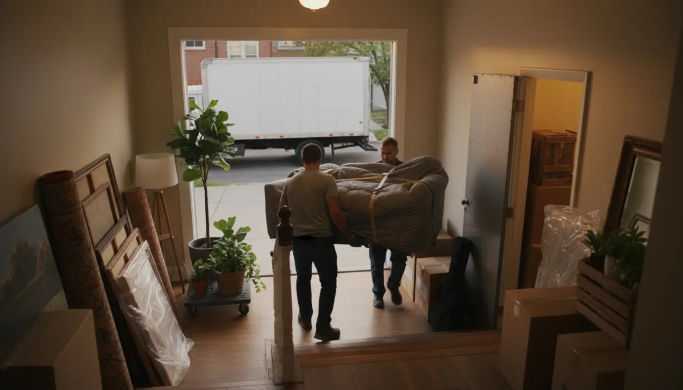 To flyttemænd bærer en indpakket sofa og flyttekasser gennem opgangen mod en åben flyttevogn, med malerier, planter og en guitar synlig.