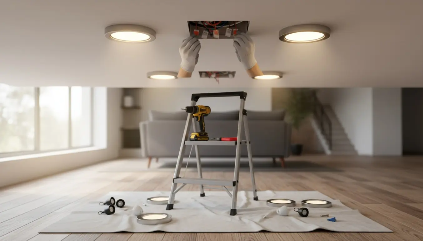 Hænder installerer lamper og indbyggede spots i loftet med værktøj og stige i et moderne rum.